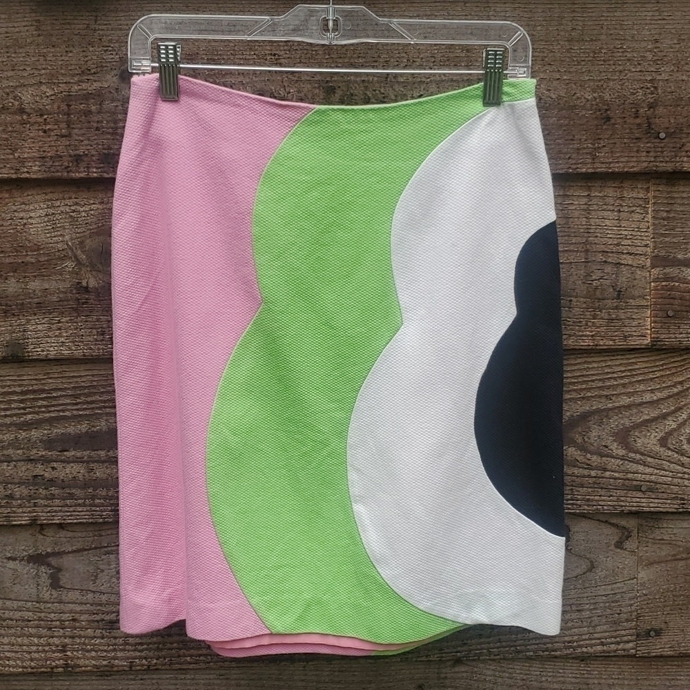 Tibi Swirl pattern Skirt 6 pink lime black & white cotton piqued